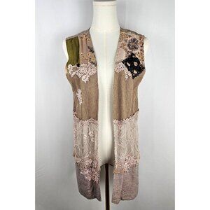 Paula Z Vintage 100% Silk Sleeveless Duster Vest Lace Applique One Size Boho